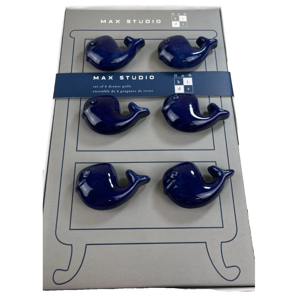 Max Studio Kids Whale Drawer Pulls Set of 6 Blue Ceramic Nautical Knobs Handles